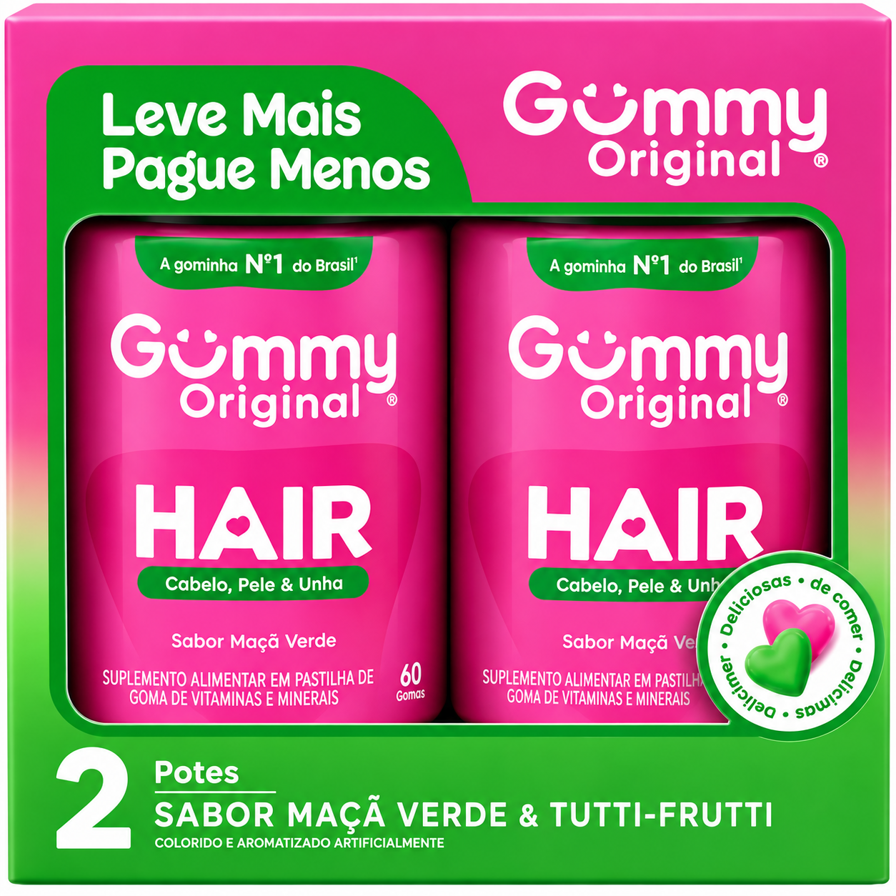 Kit Gummy Hair 2 Potes Sabor Maçã Verde e Tutti-Frutti - 120 Gomas Cabelo, Pele e Unhas