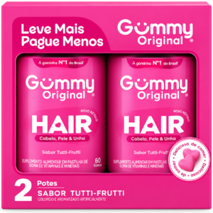 Kit Gummy Hair 2 Potes Sabor Tutti-Frutti e Melancia - 120 Gomas Cabelo, Pele e Unhas
